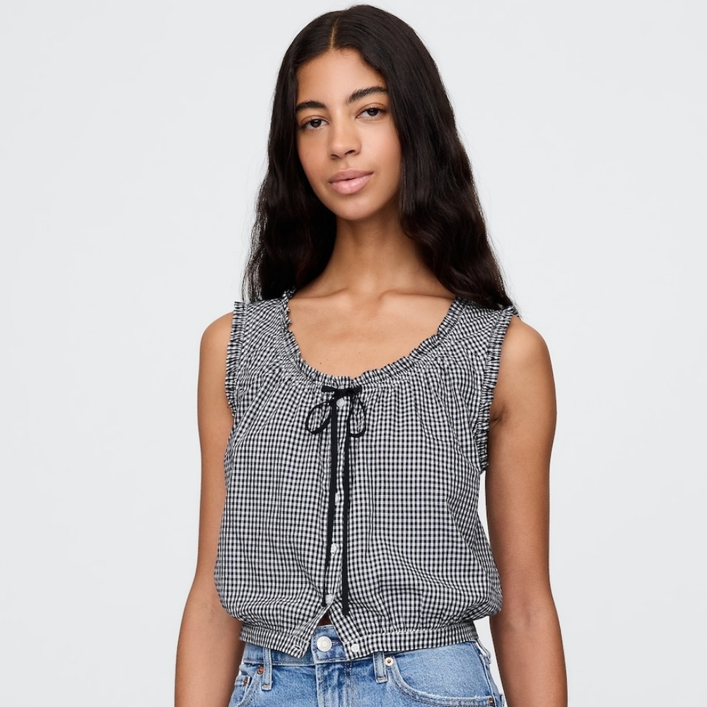 Gap × DÔEN Women's Navy Blue Gingham Bow Cropped Tank Top Size XS NWT Coquette